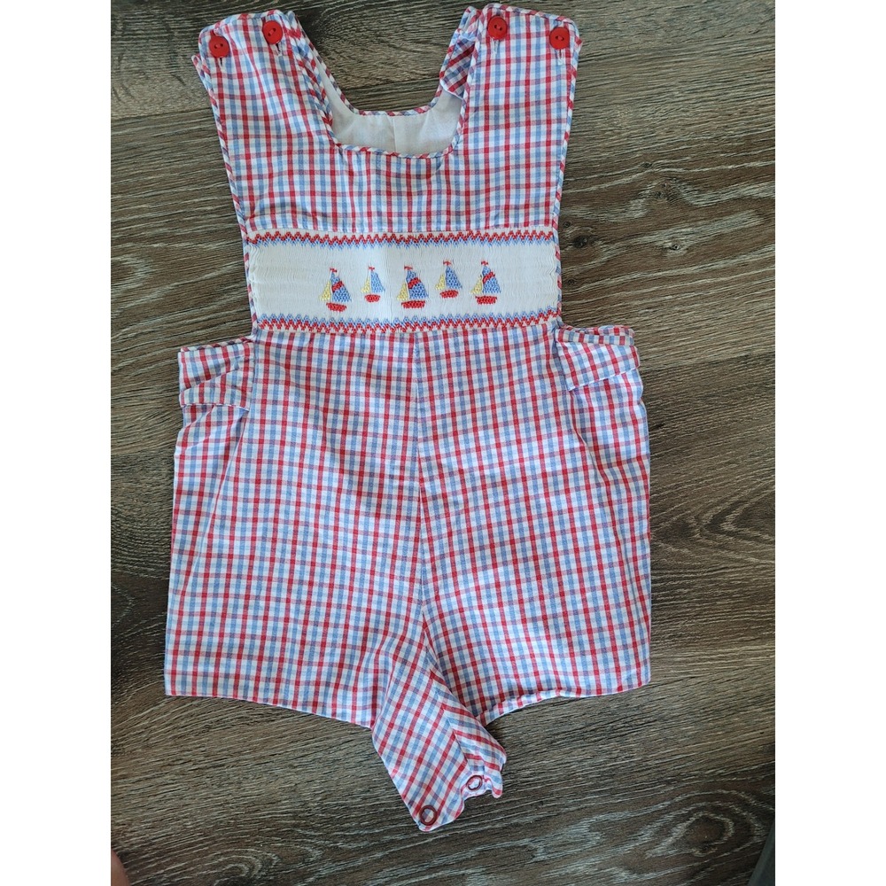 Mary James Vintage Smocked Sailboat Romper Plaid Checkered Size 12‎ months #7